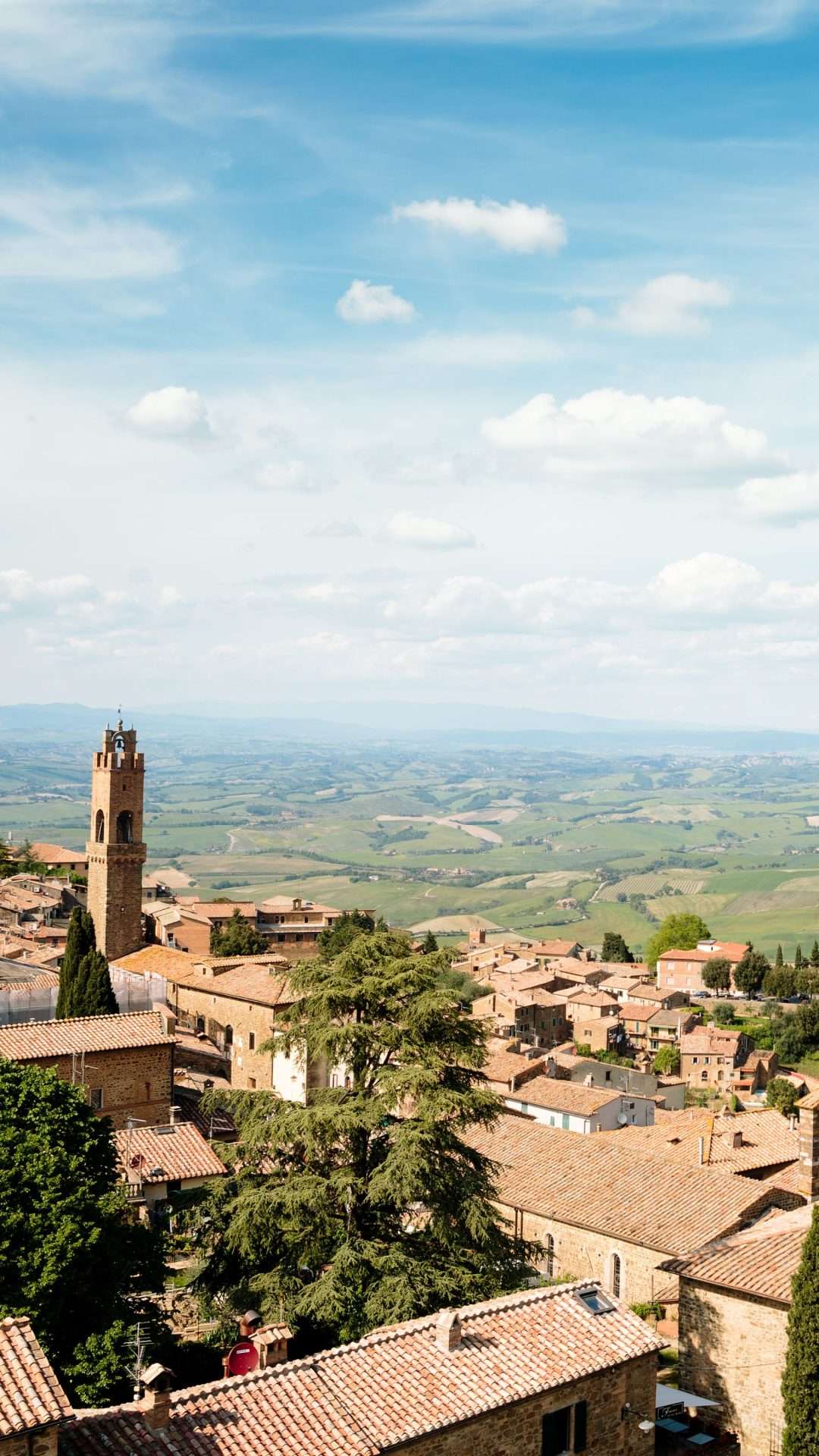 Montalcino sul crinale con la torre del borgo e la valle sullo sfondo