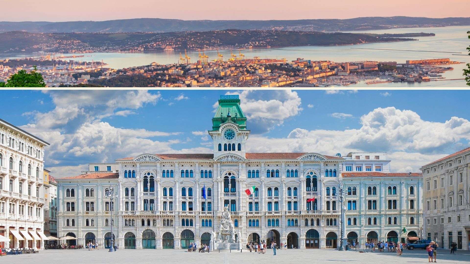 Il golfo di Trieste dall'alto e piazza Unità d'Italia con il Municipio