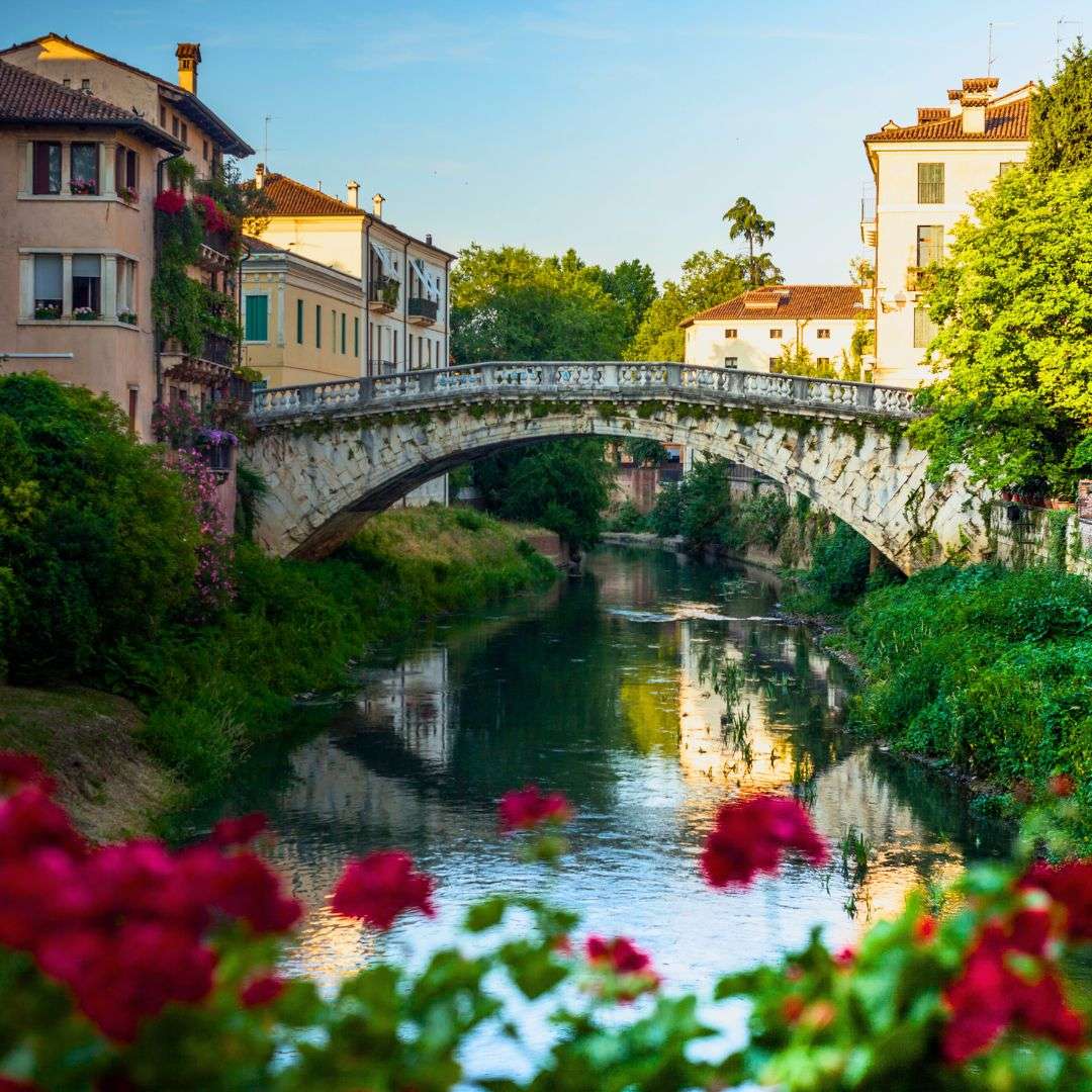 Ponte in pietra ad arco su un canale fiorito fra case antiche
