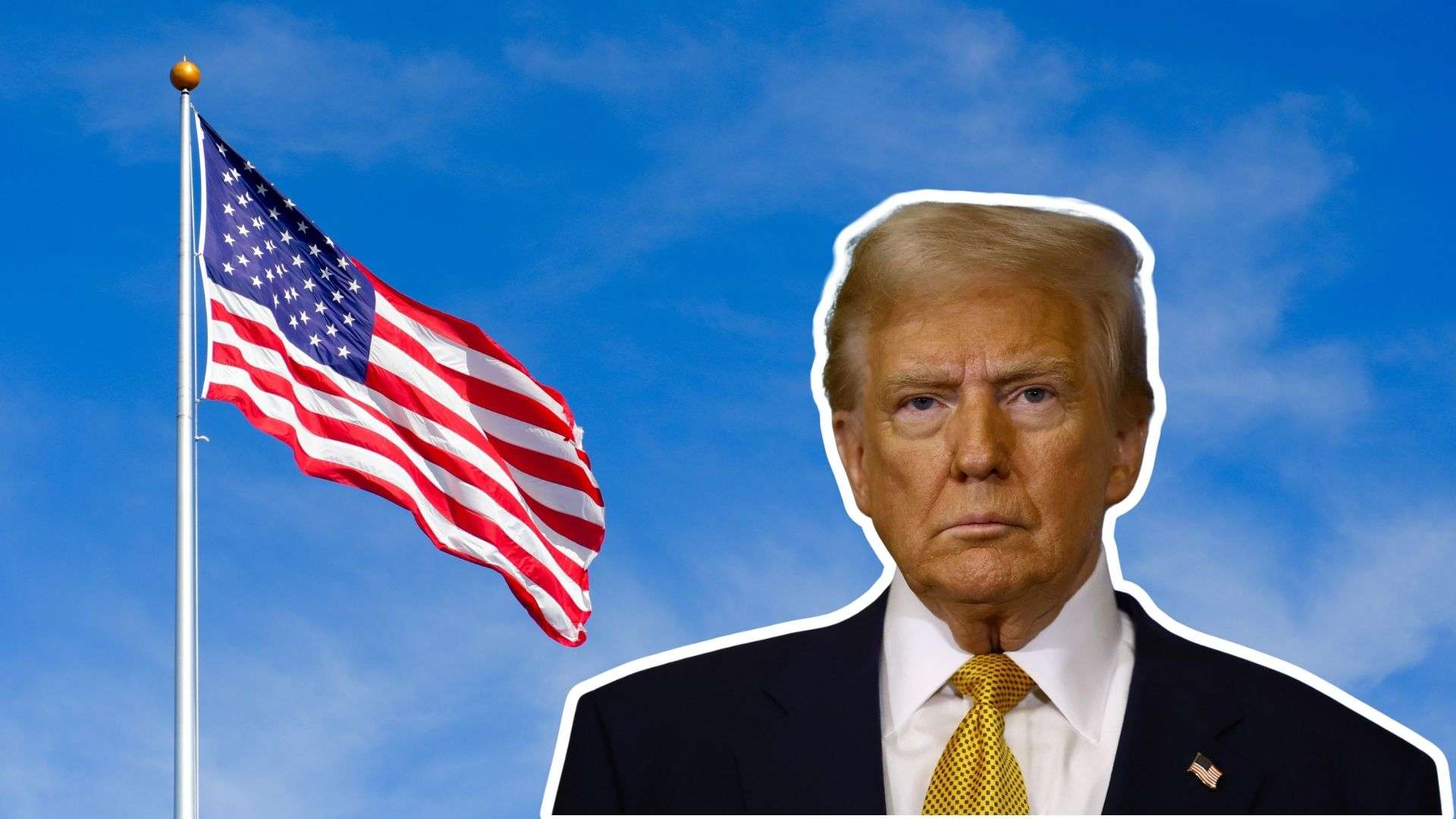 Porträt von Donald Trump neben einer wehenden Flagge der Vereinigten Staaten